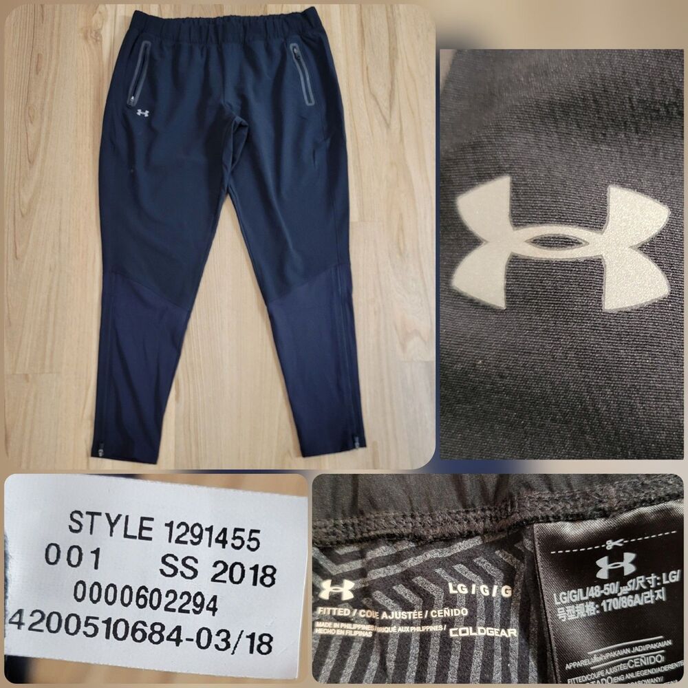 Under Armour ColdGear Track Pants Mens Large Black Woven Zip Hem Warm 1291455
